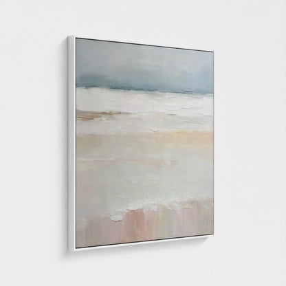 Abstract landscape painting with soft colors on a white wall