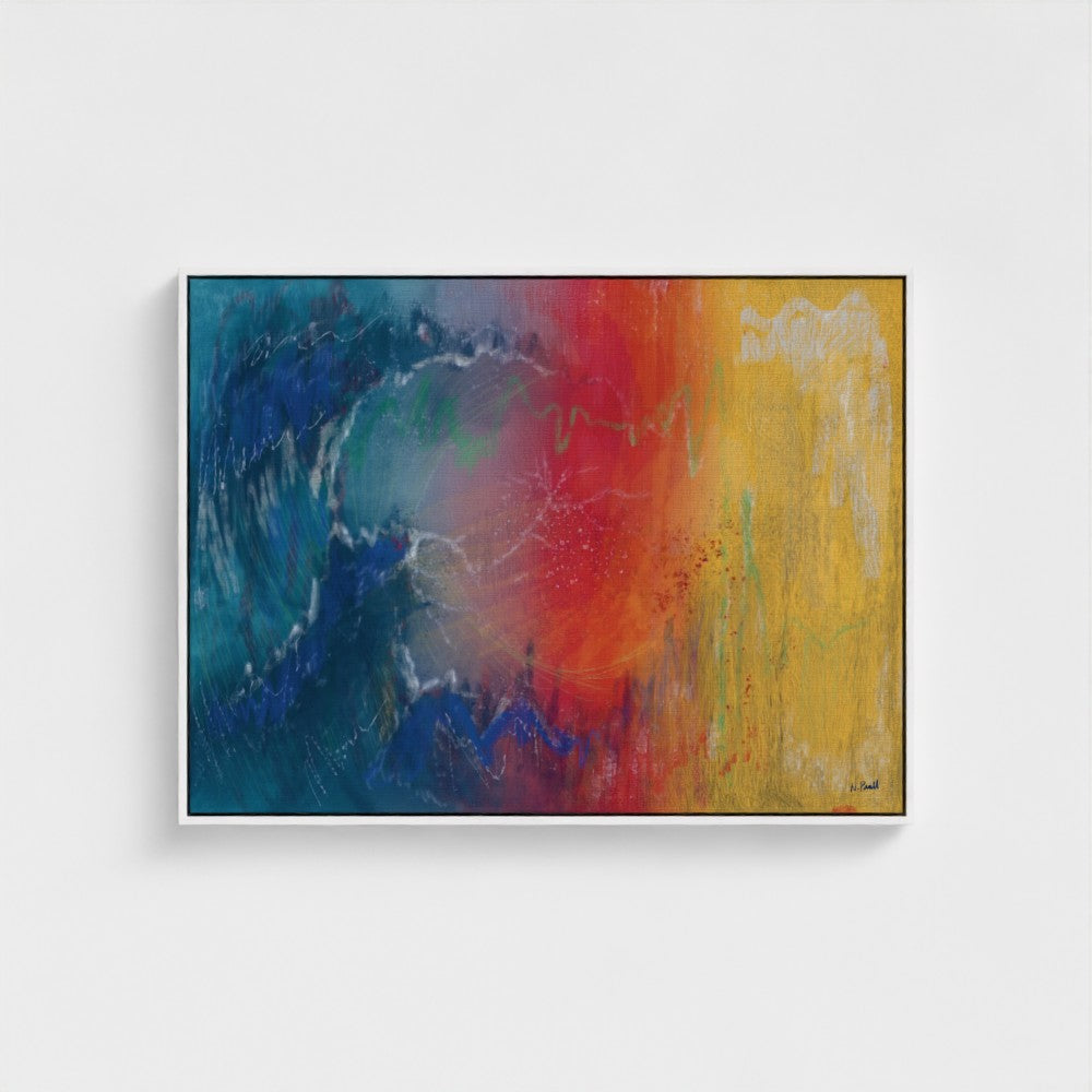 Abstract painting with blue, red, and yellow colors on a white background