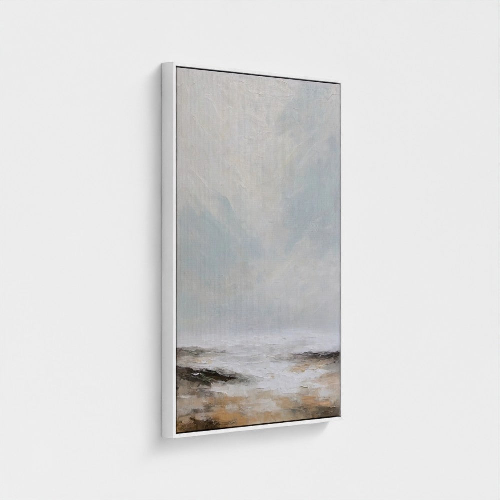 Framed abstract artwork with a landscape theme on a white background