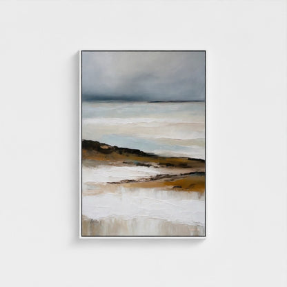 Abstract landscape painting with earthy tones on a white wall