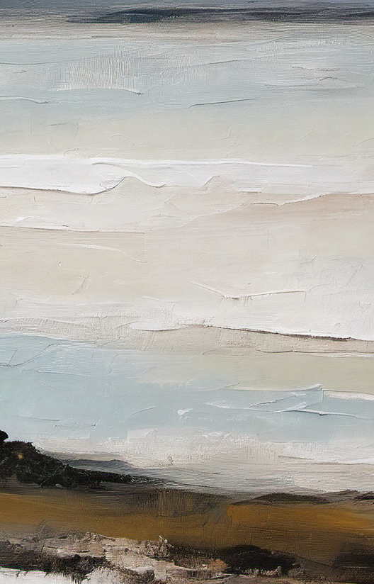 Abstract landscape painting with earthy tones and a cloudy sky