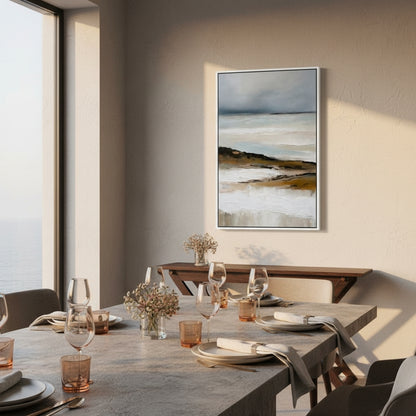 Dining room with a table set for a meal, featuring a large abstract painting on the wall.