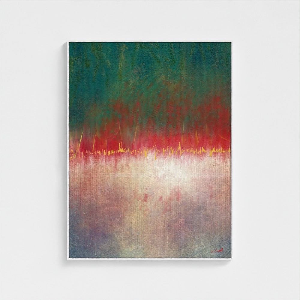 Abstract painting with red, green, and blue colors on a white background