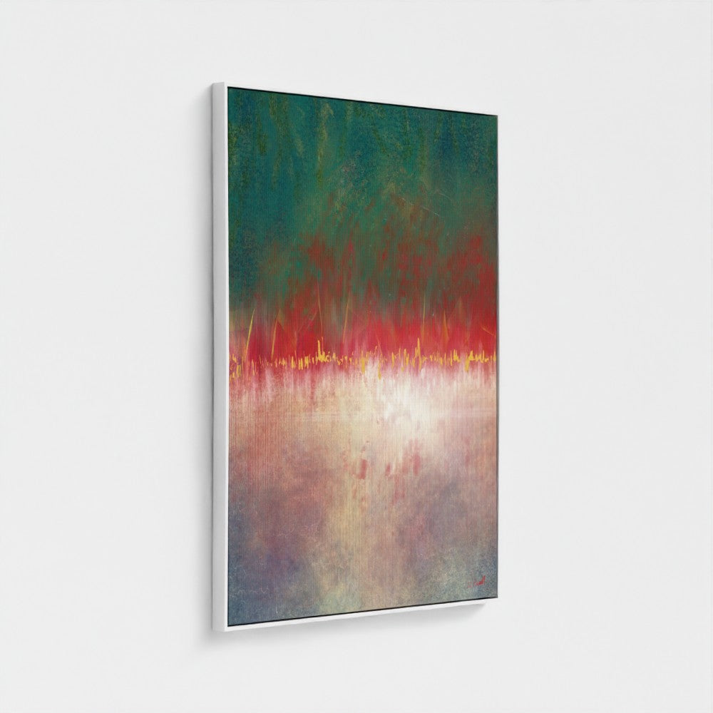 Abstract painting with red, green, and blue colors on a white background