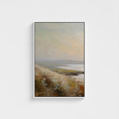 Framed painting of a landscape with a field and sky.