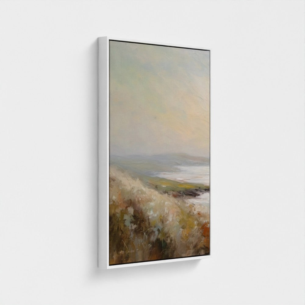 Framed painting of a landscape with a field and sky.