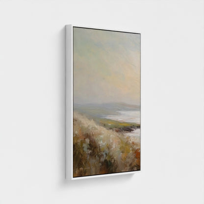 Framed painting of a landscape with a field and sky.