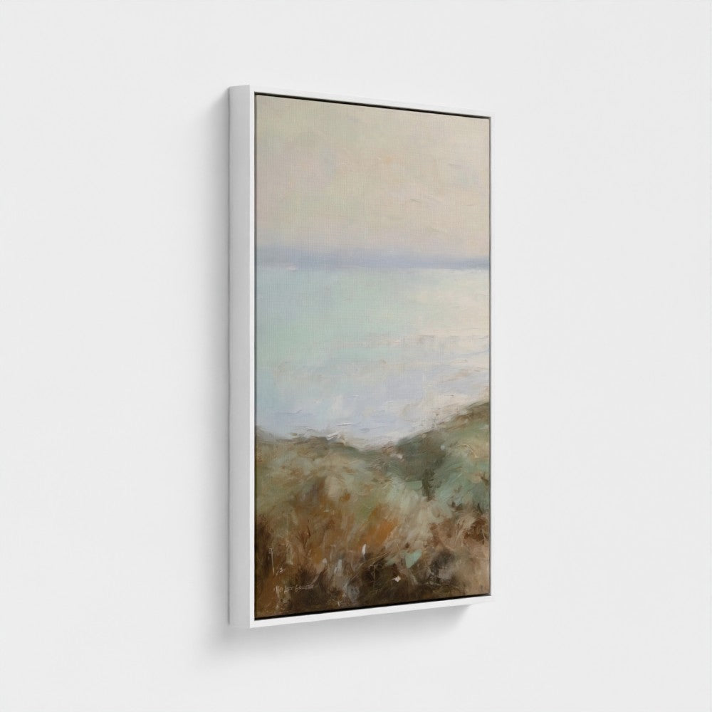 Framed abstract painting with soft colors on a white background