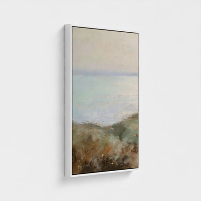 Framed abstract painting with soft colors on a white background