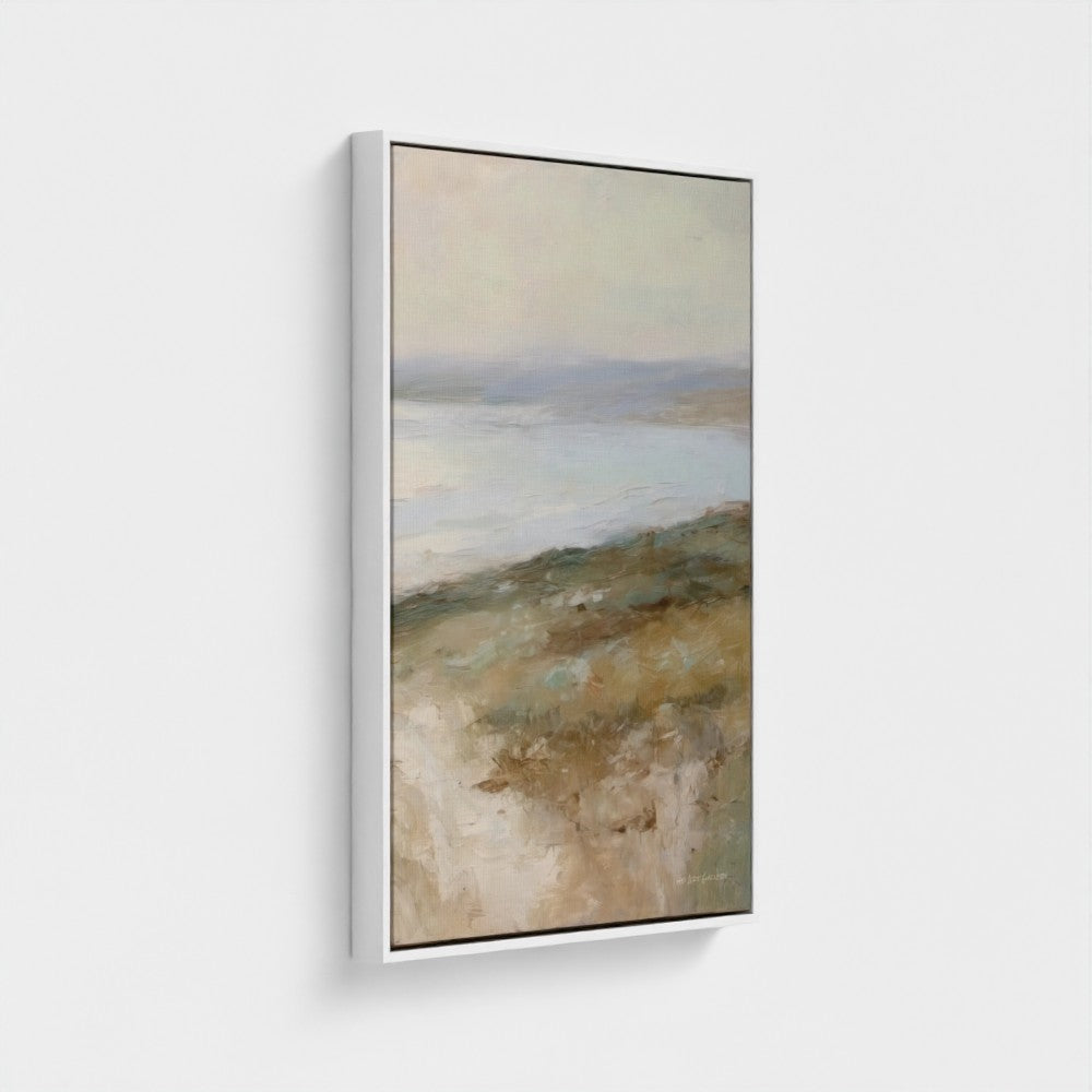 Framed landscape painting with earthy tones on a white background