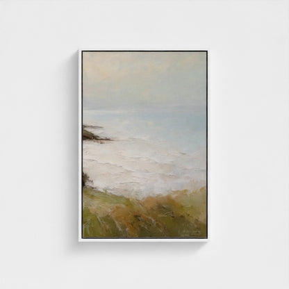 Framed abstract painting with soft colors on a white background