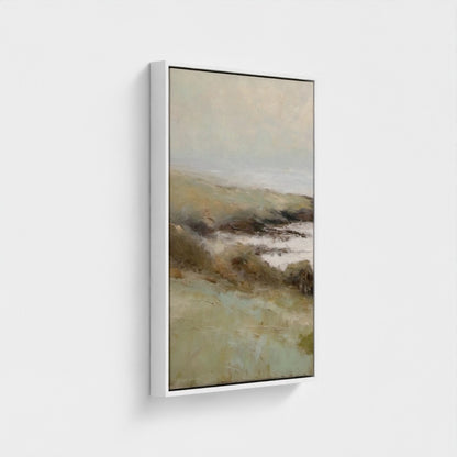 Framed abstract painting with earthy tones on a white background