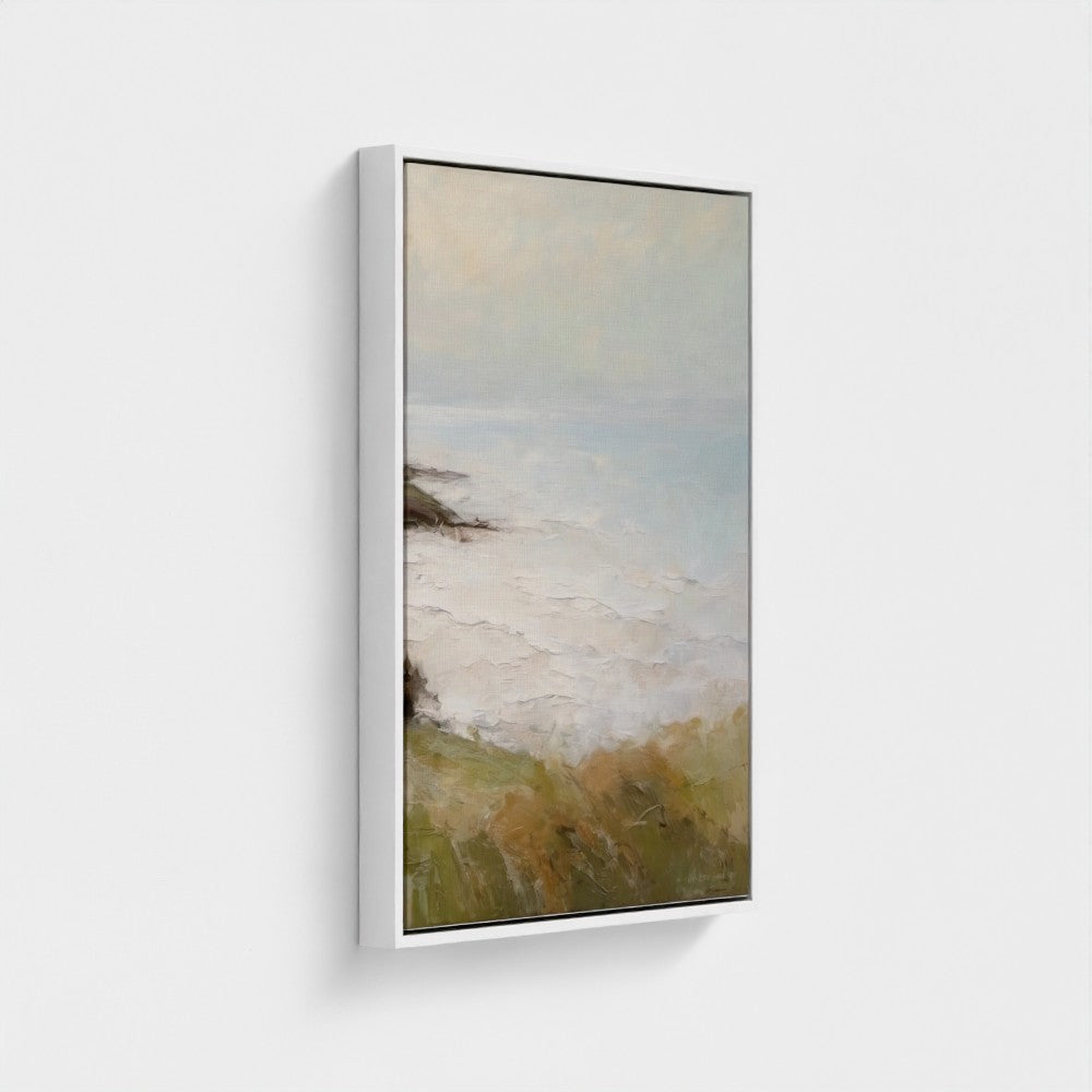 Framed artwork of a landscape with water and sky on a white background
