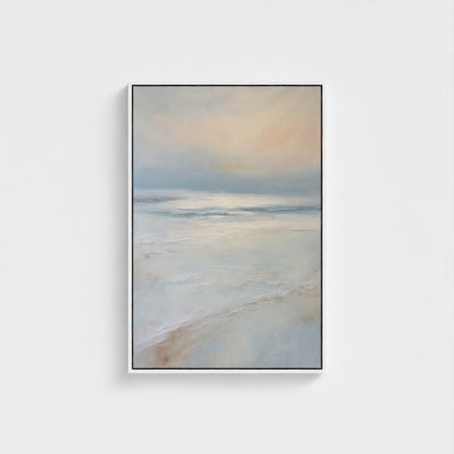 Framed artwork of a beach scene with soft colors on a white background