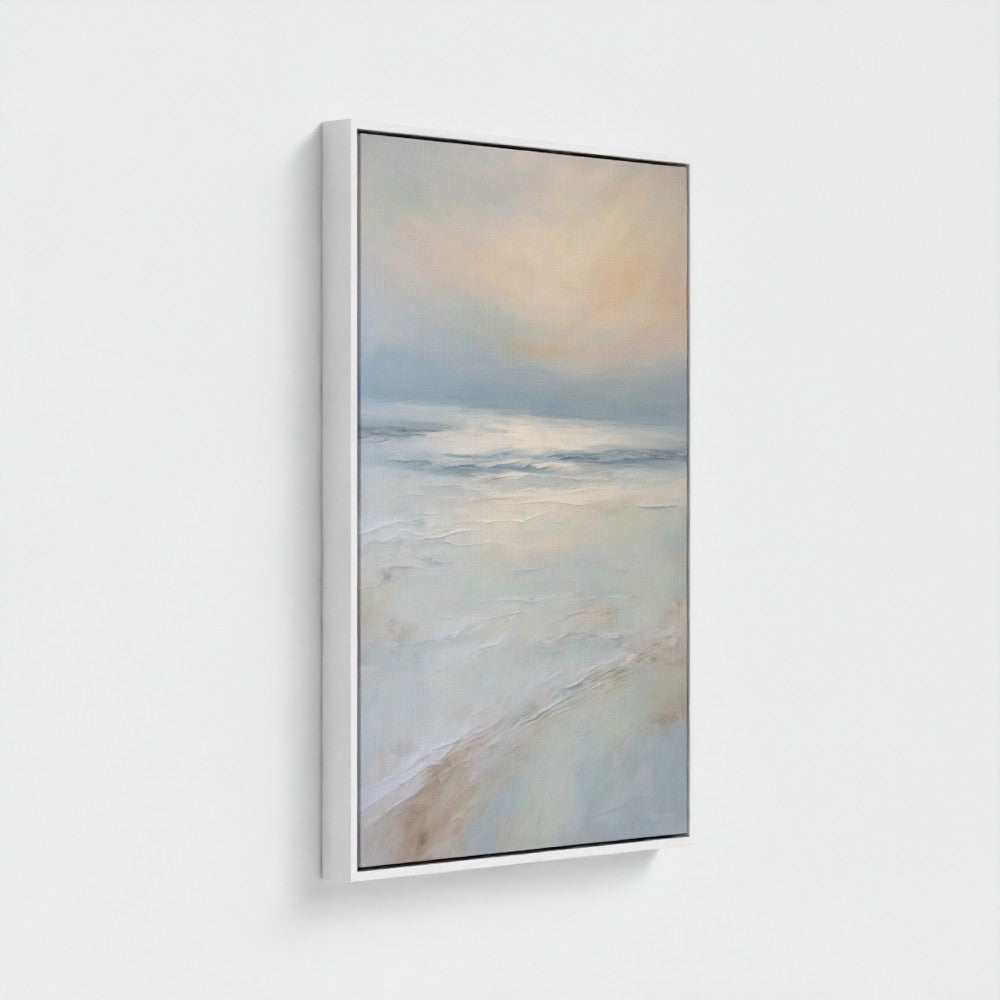 Framed artwork of a beach scene with soft colors on a white background