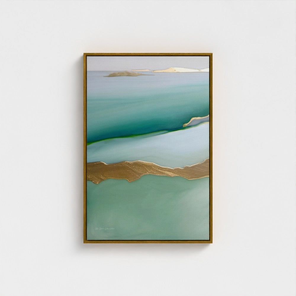 Framed abstract artwork with green and gold tones on a white wall