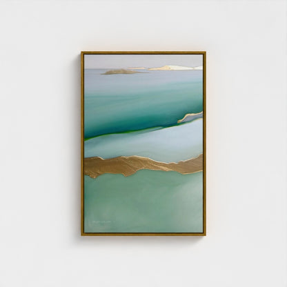 Framed abstract artwork with green and gold tones on a white wall