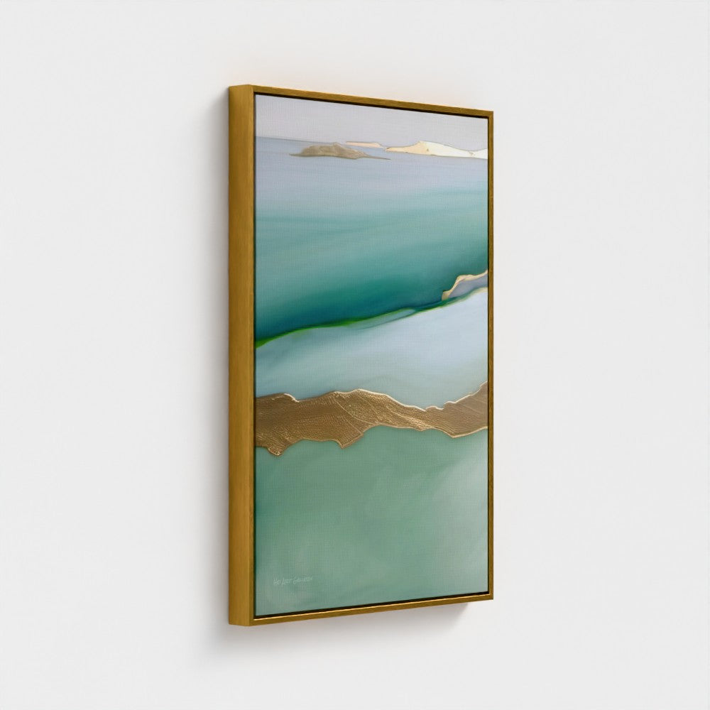 Framed artwork with a green landscape and gold accents on a white background