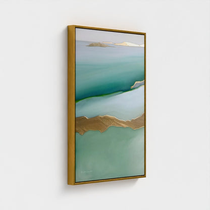 Framed artwork with a green landscape and gold accents on a white background