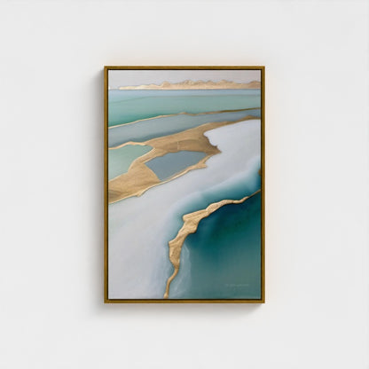Framed abstract artwork with earthy tones on a white background