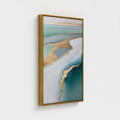 Framed abstract artwork with a gold border on a white background