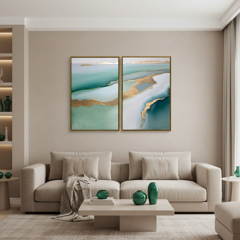 Modern living room with a beige sofa, abstract art on the wall, and decorative items.