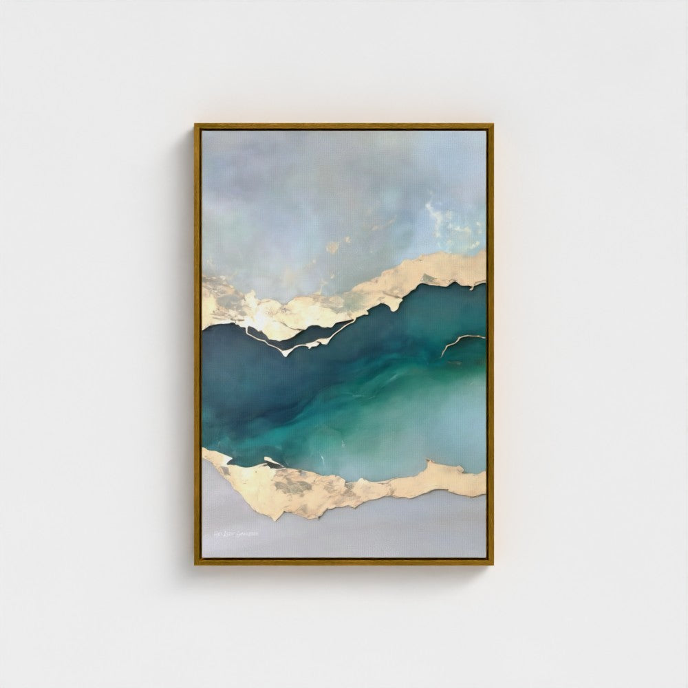 Framed artwork with a green landscape and gold accents on a white background