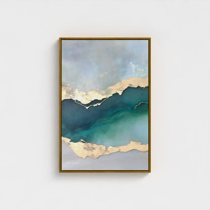 Framed artwork with a green landscape and gold accents on a white background