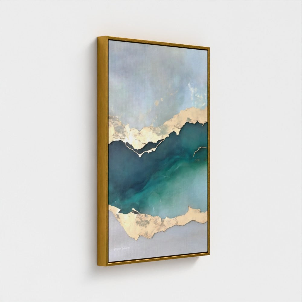 Framed artwork with a green landscape and gold accents on a white background