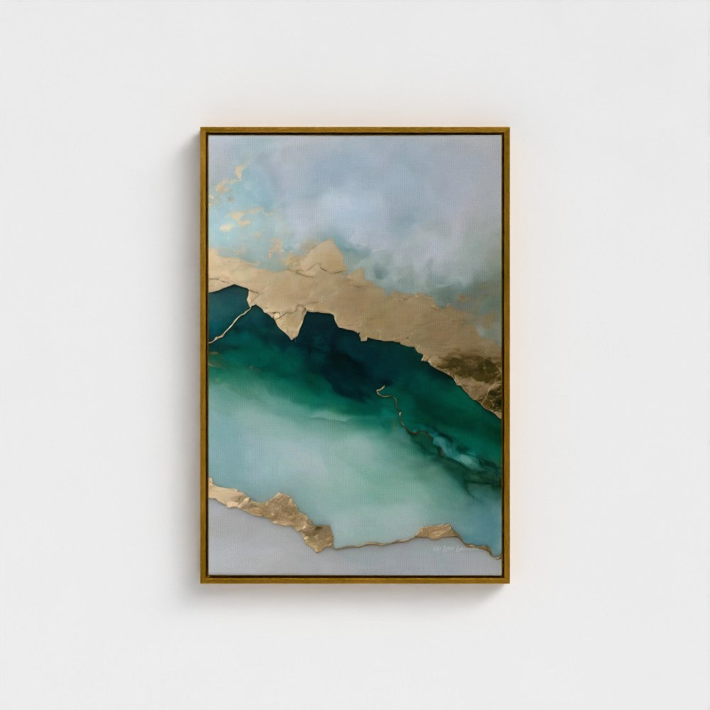 Framed artwork with a green landscape and gold accents on a white background