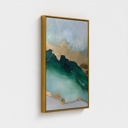 Framed artwork with a green landscape and gold accents on a white background