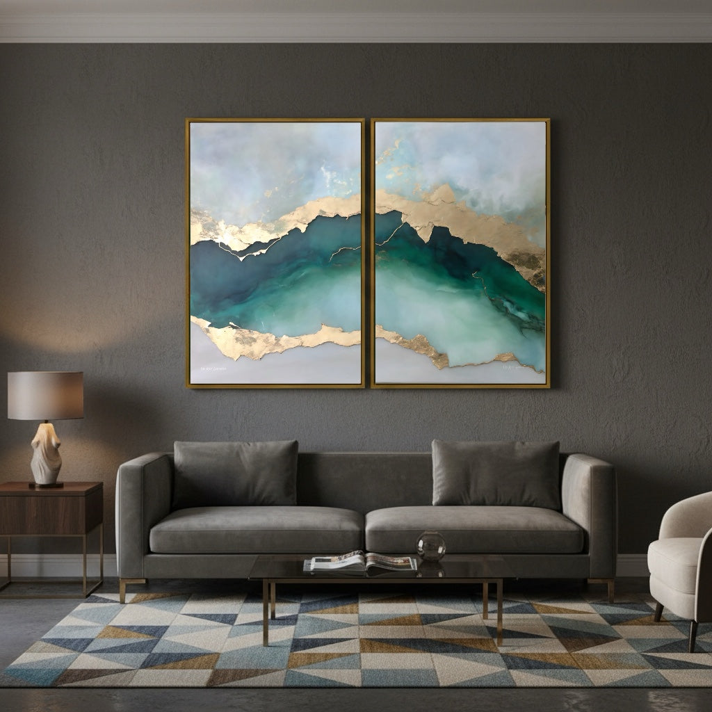 diptych on a wall with a sofa and high end decoration