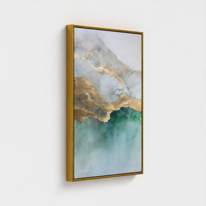 Abstract art piece with gold and green tones in a gold frame on a white background