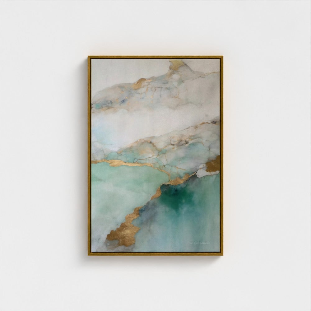 Framed abstract artwork with gold and green tones on a white background