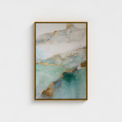 Framed abstract artwork with gold and green tones on a white background