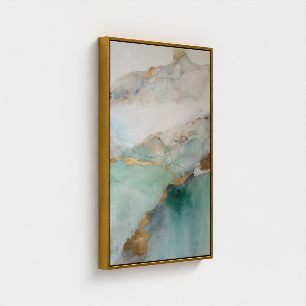 Abstract art piece with gold frame on a white background
