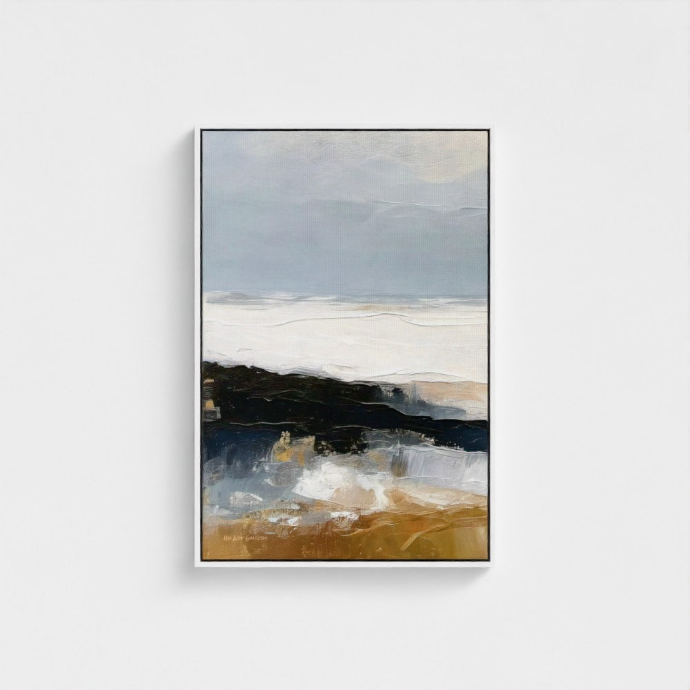 Abstract landscape painting with a neutral color palette on a white background