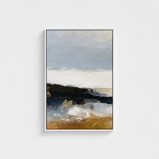 Abstract landscape painting with a neutral color palette on a white background