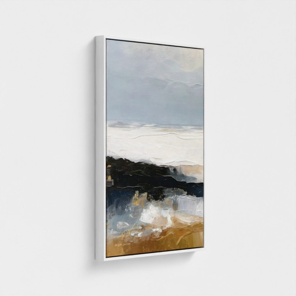 Abstract landscape painting with a white frame on a light gray background