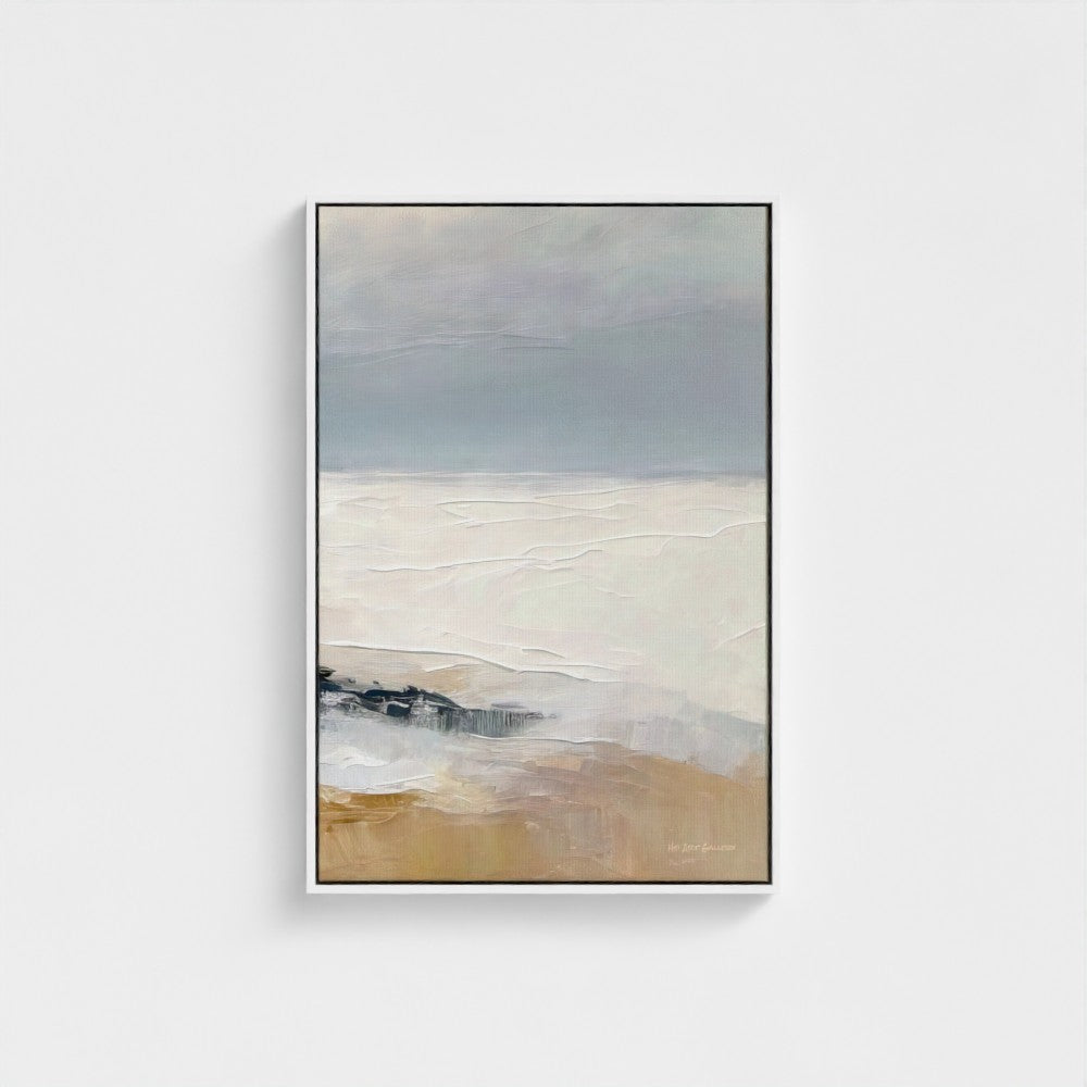 Abstract landscape painting with earthy tones on a white wall