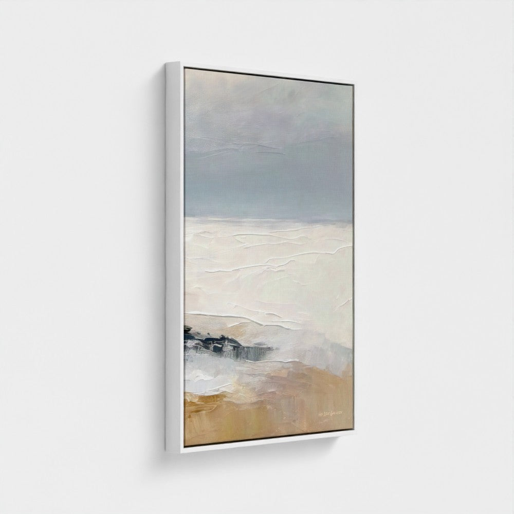 Abstract landscape painting with neutral tones on a white wall