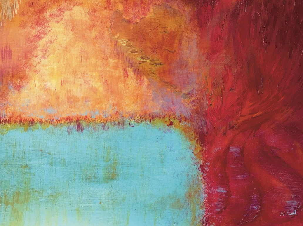 Abstract painting with red, orange, and green colors