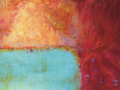 Abstract painting with red, orange, and green colors