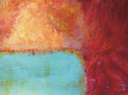 Abstract painting with red, orange, and green colors