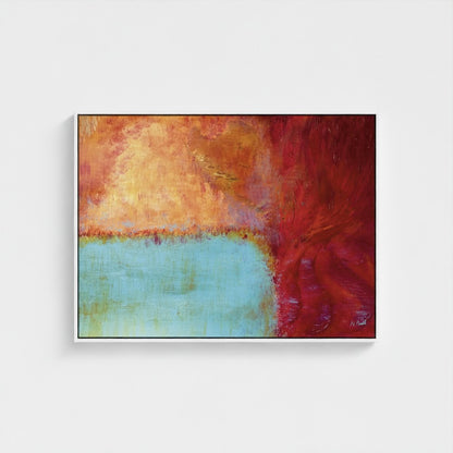 Abstract painting with red, orange, and blue colors on a white background