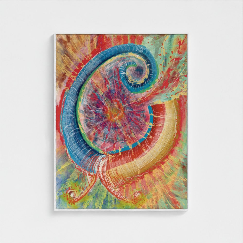 Colorful abstract spiral art piece on a white background