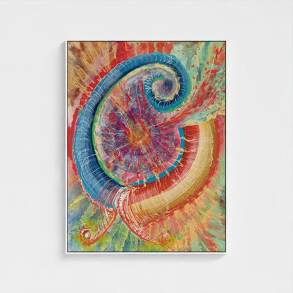 Colorful abstract spiral art piece on a white background