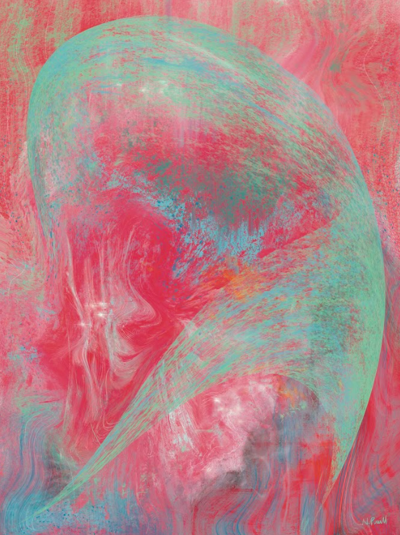 Abstract art with a colorful depiction of a face on a pink background