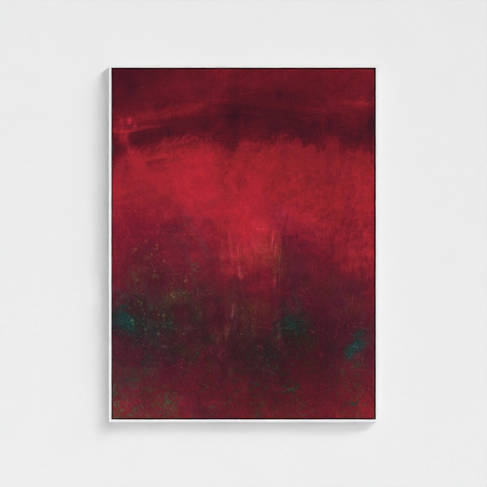 Abstract painting with red and black hues on a white background