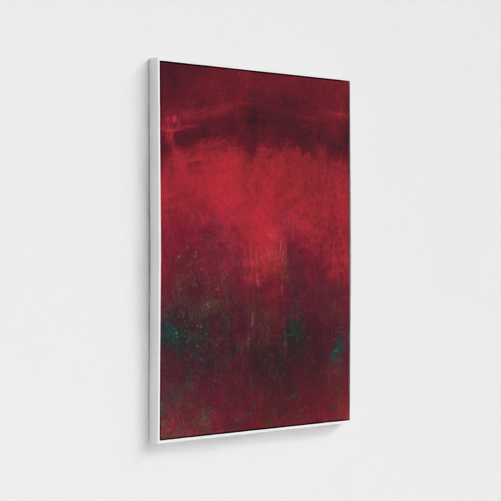 Abstract painting with red and black hues on a white background